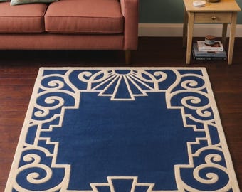 Tappeto Art Déco in lana trapuntato a mano, con motivo geometrico blu reale, tappeto moderno per soggiorno.