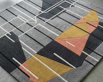 Tappeto astratto in lana trapuntato a mano, design geometrico moderno Bauhaus, arte da pavimento di metà secolo