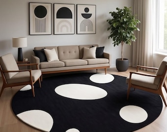 Tappeto rotondo in lana trapuntato a mano, con cerchi astratti in bianco e nero, tappeto moderno e minimalista.