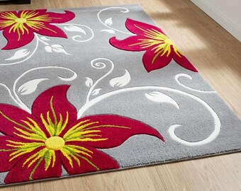 Tappeto floreale in lana trapuntato a mano, tappeto con fiori intagliati rosa e grigi, arredamento moderno per la casa.