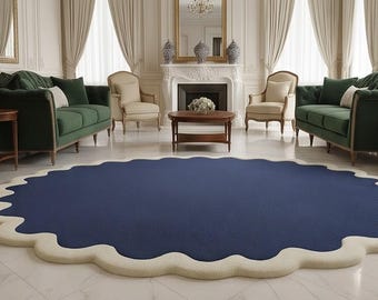 Tappeto in lana blu navy con bordo smerlato, trapuntato a mano, moderno tappetino per soggiorno.