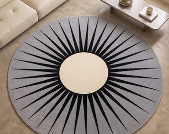 Hand-Tufted Wool Sunburst Rug, Modern Geometric Circle Carpet (Black Grey Cream)