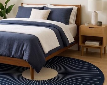 Hand-Tufted Wool Sunburst Rug, Dark Blue Round Area Rug, Mid-Century Modern Design