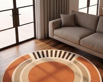 Tappeto rotondo in lana trapuntato a mano, tappeto geometrico a cerchi in stile moderno di metà secolo (arancione beige)