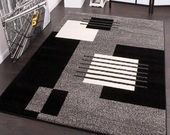 Tappeto geometrico in lana trapuntato a mano, tappeto astratto cubista nero, grigio e bianco per pavimento