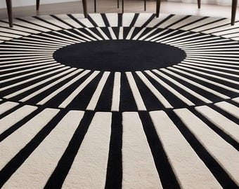Hand-Tufted Wool Sunburst Rug, Black and White Geometric Area Carpet (Round)