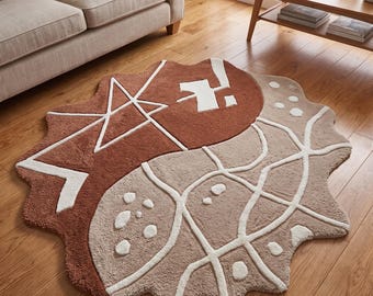 Tappeto astratto in lana trapuntato a mano con motivo Yin Yang, moderno tappetino da soggiorno color terracotta beige.