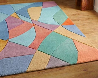 Tappeto astratto in lana trapuntato a mano – Tappeto geometrico 3D in stile Mid-Century Modern (palette pastello)