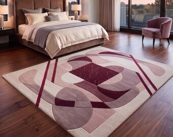 Tappeto in lana trapuntato a mano, moderno, geometrico astratto, color malva bordeaux.