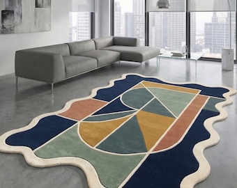 Tappeto in lana trapuntato a mano, con motivo geometrico astratto ondulato e smerlato, tappeto moderno in stile metà secolo.