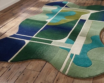 Tappeto in lana trapuntato a mano, tappetino da pavimento astratto geometrico verde blu dalla forma irregolare