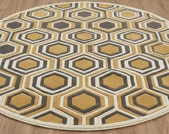 Tappeto rotondo in lana trapuntato a mano, motivo a nido d'ape in stile moderno di metà secolo, colore giallo, grigio e crema.