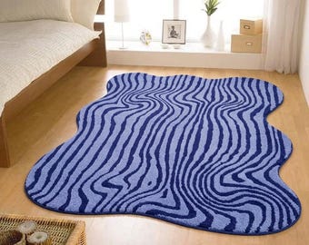 Tappeto blu ondulato trapuntato a mano – Tappetino decorativo astratto moderno (forma irregolare)