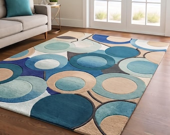 Tappeto geometrico in lana trapuntato a mano, cerchi blu petrolio e beige, decorazione per pavimenti in stile moderno di metà secolo.