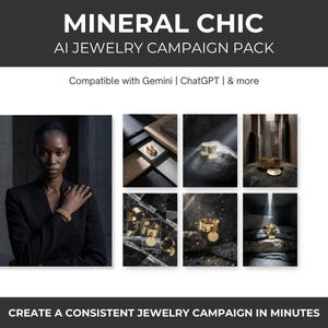 Op de afbeelding: Een advertentie voor een sieradencampagnepakket. De afbeelding toont een vrouw met een gouden armband en verschillende productfoto's van gouden sieraden. Tekst bevat "MINERAL CHIC" en "AI JEWELRY CAMPAIGN PACK". De tekst zegt ook "CREËER IN MINUTEN EEN CONSISTENTE SIERADENCAMPAGNE".