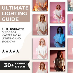 May include: A promotional image for a lighting guide. The text reads "ULTIMATE LIGHTING GUIDE" and "AN ILLUSTRATED GUIDE FOR MASTERING AI LIGHTING AND SHADOWS". The image also features a series of portraits of a woman in a white shirt, each lit differently.