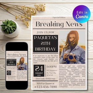 Peut inclure: Un modèle d'invitation d'anniversaire style journal titré Breaking News, avec une photo d'une personne tenant un appareil photo, indiquant l'anniversaire des 21 ans de Paqueta, le 24 août 2026, à 20h00, avec code vestimentaire et RSVP.