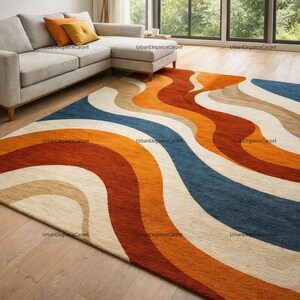 Mid Century Modern Rug, Retro Wavy Area Rug for Living Room, Large Abstract Colorful Burnt Orange & Blue Carpet, Hand Tufted Wool Rug Decor.