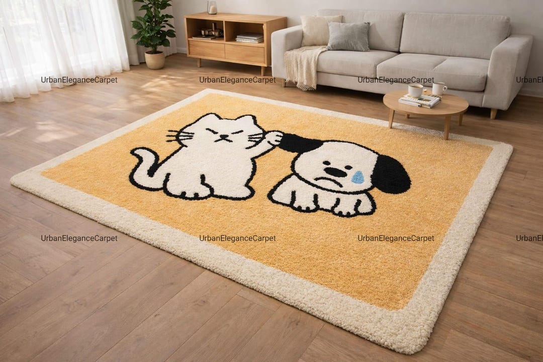 Funny Cat and Dog Tufted Rug, Grumpy Cat Pulling Dog Ear Area Rug, Cute ...