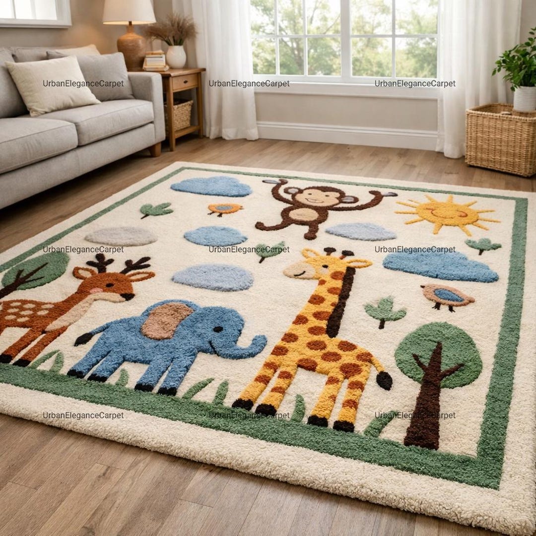 Animal Nursery Rug, 3D Safari Kids Room Carpet, Cute Elephant Giraffe ...