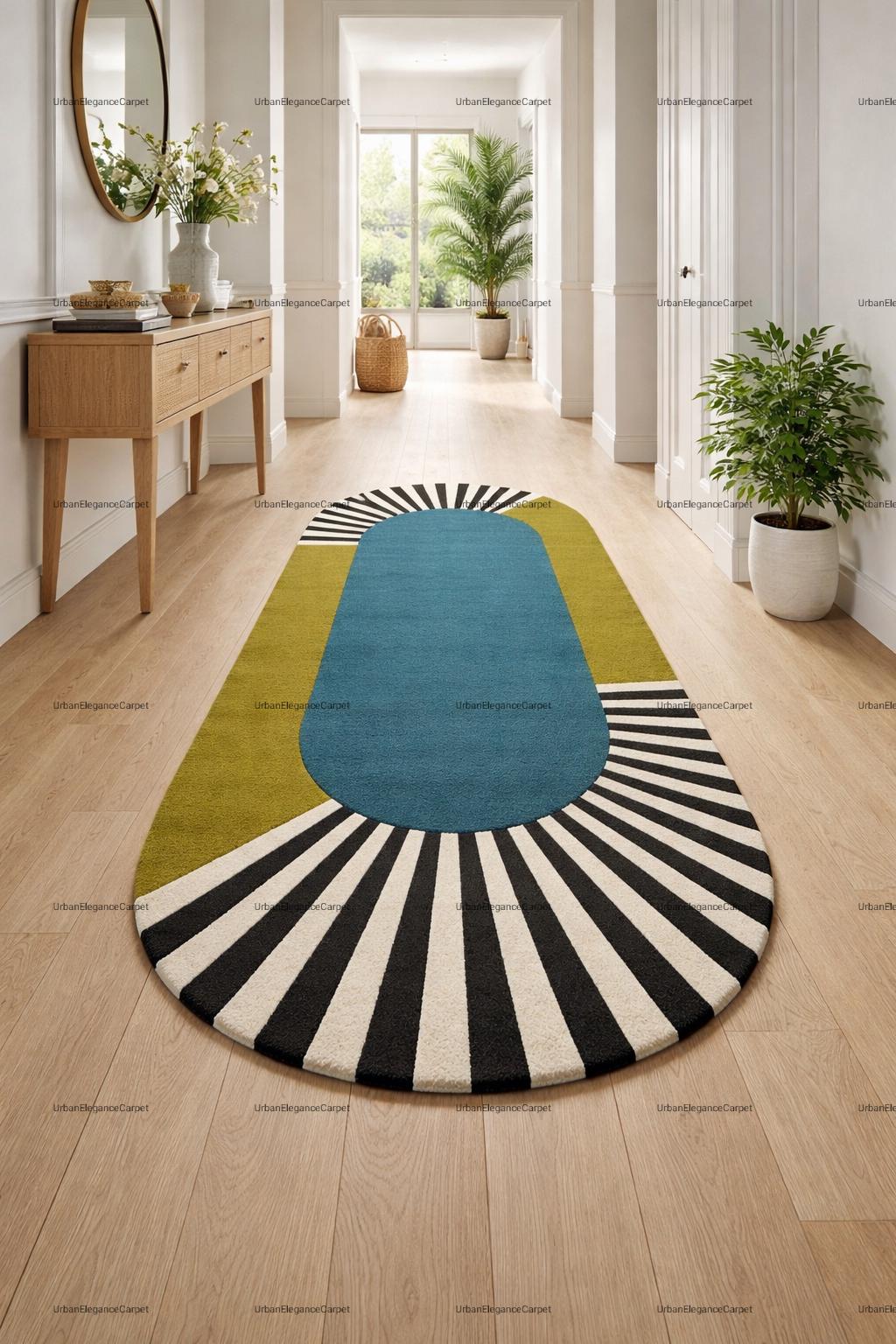 Unique Shape Runner Rug Mid Century Modern Abstract Runner Rug, Teal Olive and Monochrome Art ...