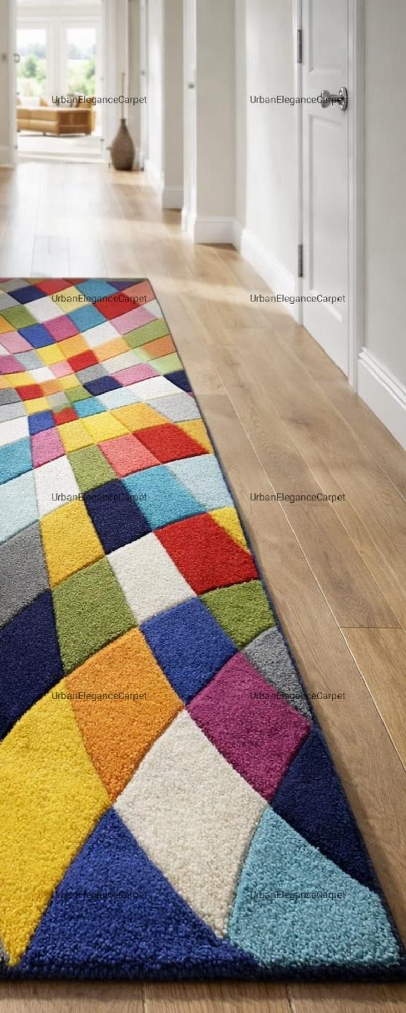 3D Optical Illusion Hallway Runner, Modern Multi Color Geometric Area ...