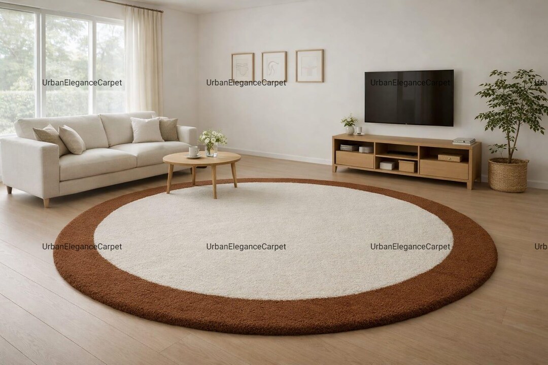 Handmade Round Shag Rug, Minimalist Off-white & Terracotta Circular ...