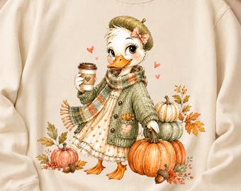 PNG de pato de outono, design fofo de ganso de outono para sublimação, clipart aconchegante de abóbora para camisetas, canecas, adesivos, presentes de outono e arte digital para impressão sob demanda.