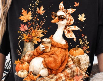 Cozy Autumn Goose PNG, Fall Goose Coffee Watercolor, Cute Pumpkin Duck Shirt Design, Thanksgiving Sublimation Digital Download