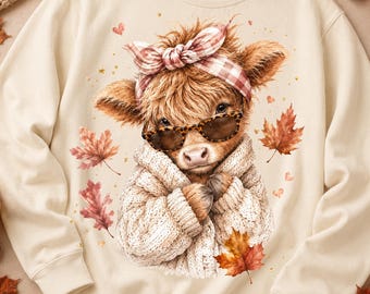 Vaca das Terras Altas no Outono PNG, Vaca fofa de outono por sublimação, Design aconchegante para camiseta com estampa de vaca para amantes de vacas, Download digital para estilo fazenda ocidental