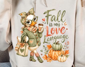 PNG de Ganso de Outono, PNG de "O Outono é a Minha Linguagem do Amor", Design de Sublimação de Pato Fofo de Outono, Estampa de Camiseta de Abóbora e Café, PNG Aconchegante de Outono