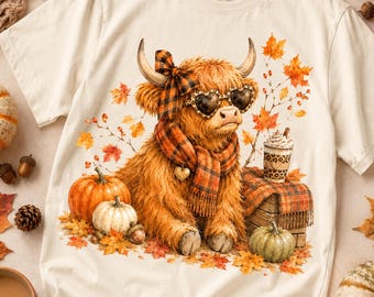 Vaca das Terras Altas de Outono PNG, Design fofo de vaca de outono para sublimação com abóboras, cachecol xadrez e café para camisetas, canecas, adesivos, presentes para amantes de vacas