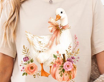 PNG de Ganso de Outono, Design de Sublimação de Ganso com Abóbora de Outono, Download Digital de Ganso Floral com Laço Rosa para Camisetas, Canecas e Impressão Sob Demanda