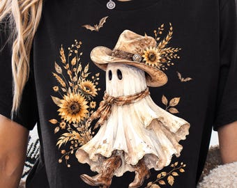 PNG de fantasma boho, design fofo de fantasma cowboy para sublimação de Halloween, PNG de fantasma em aquarela para camiseta estilo faroeste, download digital de outono