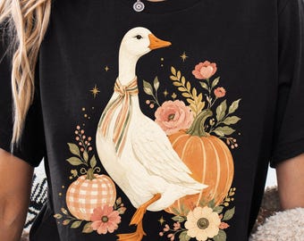 PNG de Ganso de Outono, Aquarela de Ganso de Outono, Design de Sublimação Floral de Abóbora, PNG de Camiseta Fofa de Ação de Graças, Download de Clipart de Outono Cottagecore