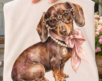 Aquarell-Dackel (PNG), süßer Dackel mit Leopardenbrille und rosa Schleife, Sublimationsdruck für Hundemama-Shirts, digitaler Download
