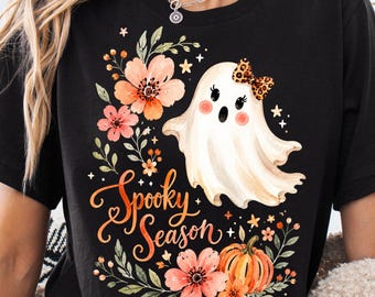 PNG de fantasma em aquarela para a temporada assustadora, design fofo de fantasma de Halloween com abóbora floral, PNG para sublimação em camisetas de outono, download digital.