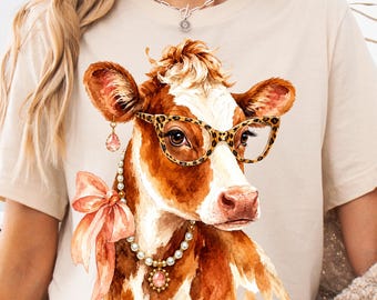 Vaca Shorthorn em aquarela PNG, Vaca fofa com óculos de oncinha, laço rosa e colar de pérolas, estampa de sublimação de animal de fazenda