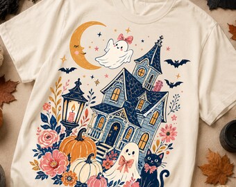 Fantasma rosa fofo de Halloween em PNG, gato preto de Halloween, casa assombrada com abóbora e flores - Download digital para camisetas, adesivos e impressão sob demanda de outono.