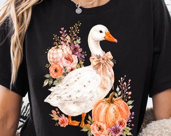 Ganso de Outono PNG, Ganso de Outono em Aquarela com Abóbora e Laço, Design Fofo de Outono para Sublimação em Camisetas, Canecas, Adesivos, Download Digital para Impressão Sob Demanda