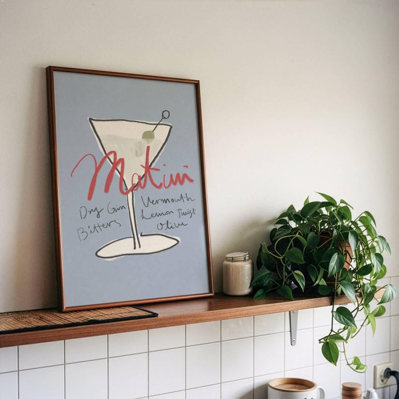 Martini Cocktail Poster, Hand Drawn Bar Cart Print, Blue Wall Art Decor ...
