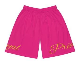 Royal Priesthood Basketball Shorts | Pink script text all-over print
