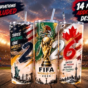 Three 20oz tumblers with patriotic designs for the 2026 FIFA World Cup, showcasing U.S., Canadian, and Mexican imagery. The tumblers are placed side by side on a wooden surface, with vibrant flag colors, eagles, jaguars, and iconic landmarks. The scene is set in a stadium with dramatic lighting and confetti, capturing a high-energy, celebratory atmosphere.