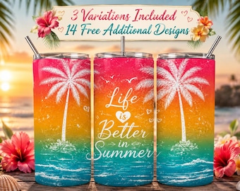Summer Tumbler Wrap PNG | Life Is Better In Summer | Beach Tumbler Sublimation | Tropical Palm Tree 20oz Skinny Tumbler | Digital Download