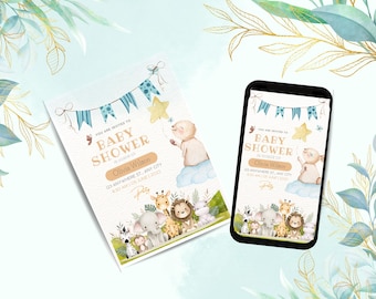 Bearbeitbare Braunbär-Babyparty-Einladung, blaue Boho Safari-Tiere (Digitaler Download)
