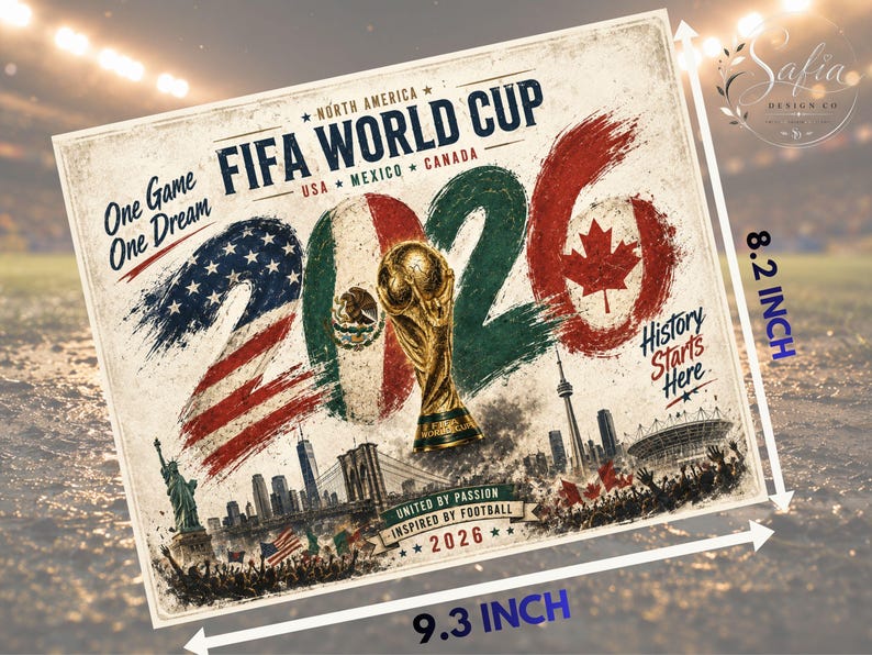 May include: Rectangular print with a soccer theme, measuring 9.3 inches wide and 8.2 inches high. Features the text "FIFA WORLD CUP" and "2026" with flags of USA, Mexico, and Canada. Includes a gold trophy and the text "One Game One Dream."