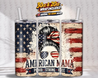 American Mama 20 oz en 30 oz beker wrap png, patriottische moeder sublimatie ontwerp, Amerikaanse vlag rommelig broodje beker, Amerikaanse moeder magere beker wrap