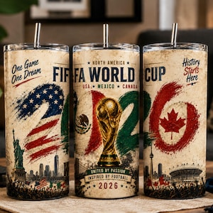 May include: Three stainless steel tumblers with straws, each featuring a vintage design for the 2026 FIFA World Cup. The tumblers showcase the flags of the USA, Mexico, and Canada, along with the FIFA trophy and the text "FIFA WORLD CUP 2026".