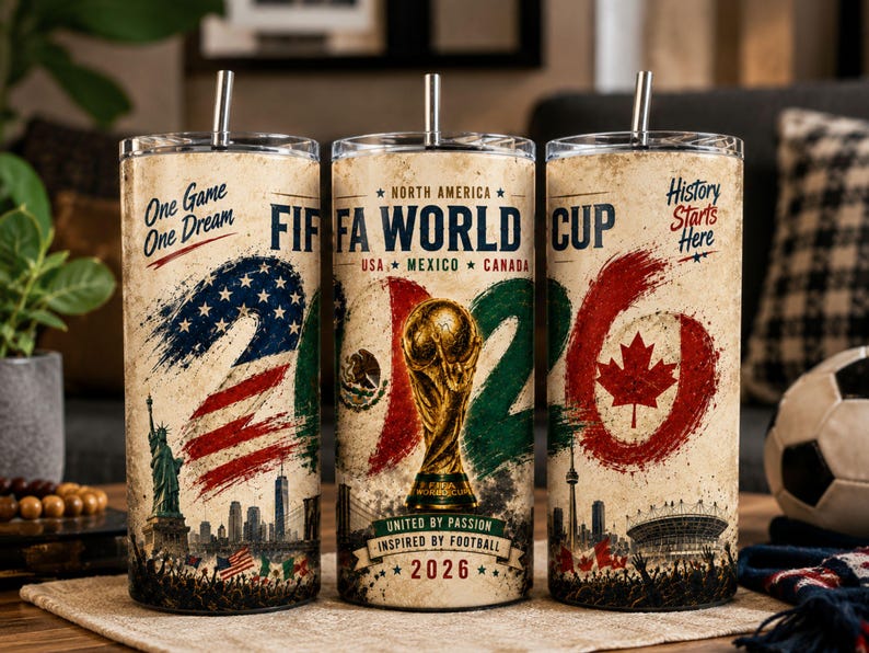 May include: Three stainless steel tumblers with straws, each featuring a vintage design for the 2026 FIFA World Cup. The tumblers showcase the flags of the USA, Mexico, and Canada, along with the FIFA trophy and the text "FIFA WORLD CUP 2026".
