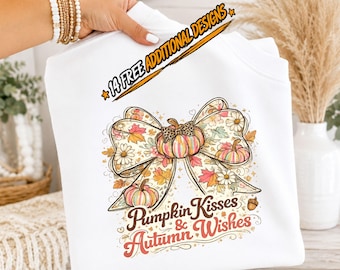 Pumpkin Kisses & Autumn Wishes PNG | Fall Bow Pumpkin PNG | Coquette Autumn Sublimation | Cute Fall PNG | Digital Download